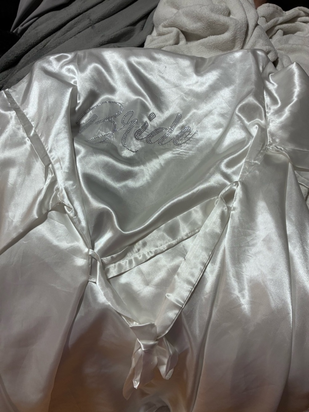 Bride Satin Robe with Rhinestone Script - White